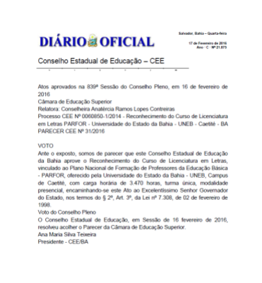 Parecer CEE 31.2016 - Reconhecimento do Curso de Licenciatura em Letras em Caetité